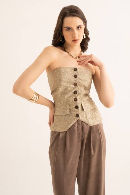 Torqadorn_Brown Polyester Open Neck Metallic Pleated Tube Waistcoat_Online_at_Aza_Fashions