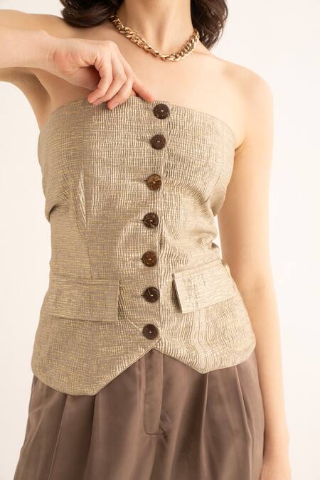 Buy_Torqadorn_Brown Polyester Open Neck Metallic Pleated Tube Waistcoat_Online_at_Aza_Fashions