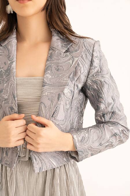 Buy_Torqadorn_Silver Brocade Abstract Marble Pattern Crop Blazer_Online_at_Aza_Fashions