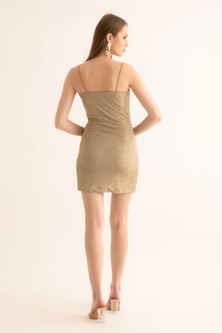 Shop Torqadorn Brown Microfiber V-neck Metallic Pleated Textured Dress at Aza Fashions Shop_Torqadorn_Brown Microfiber V-neck Metallic Pleated Textured Dress_at_Aza_Fashions