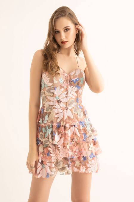 Buy_Torqadorn_Pink Net Sequins, Embroidery Sweetheart Neck Floral Layered Corset Dress _Online_at_Aza_Fashions