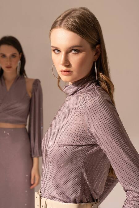Shop Torqadorn Purple Rayon Rhinestones Turtle Neck Embellished Top Online at Aza Fashions Shop_Torqadorn_Purple Rayon Rhinestones Turtle Neck Embellished Top_Online_at_Aza_Fashions