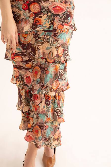 Shop_Torqadorn_Multi Color Chiffon Ruffles V-neck Smudged Floral Dress_Online_at_Aza_Fashions