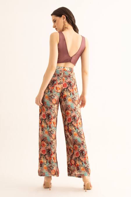 Shop Torqadorn Multi Color Chinon Printed Smudged Floral Bell Bottom Pant at Aza Fashions Shop_Torqadorn_Multi Color Chinon Printed Smudged Floral Bell Bottom Pant_at_Aza_Fashions