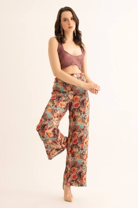 Torqadorn Multi Color Chinon Printed Smudged Floral Bell Bottom Pant Online at Aza Fashions Torqadorn_Multi Color Chinon Printed Smudged Floral Bell Bottom Pant_Online_at_Aza_Fashions