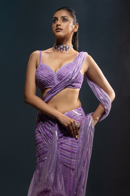 Kavita Arora_Purple Net Hand Embroidered Beads Pre-draped Saree With Blouse  _Online_at_Aza_Fashions