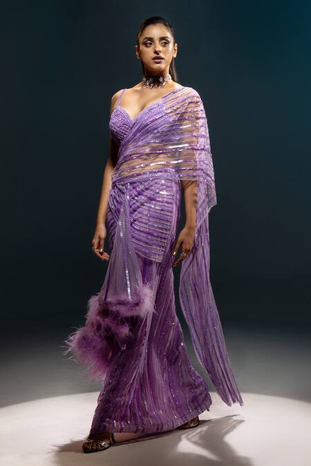Buy_Kavita Arora_Purple Net Hand Embroidered Beads Pre-draped Saree With Blouse  _Online_at_Aza_Fashions