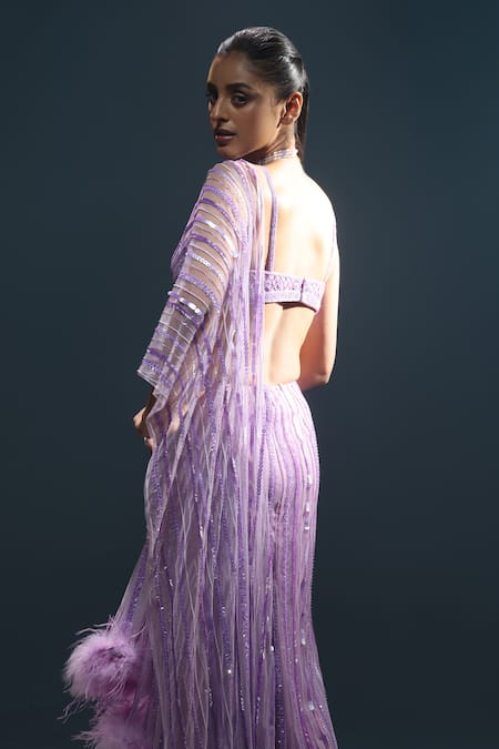 Shop_Kavita Arora_Purple Net Hand Embroidered Beads Pre-draped Saree With Blouse  _Online_at_Aza_Fashions