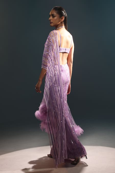 Kavita Arora_Purple Net Hand Embroidered Beads Pre-draped Saree With Blouse  _at_Aza_Fashions