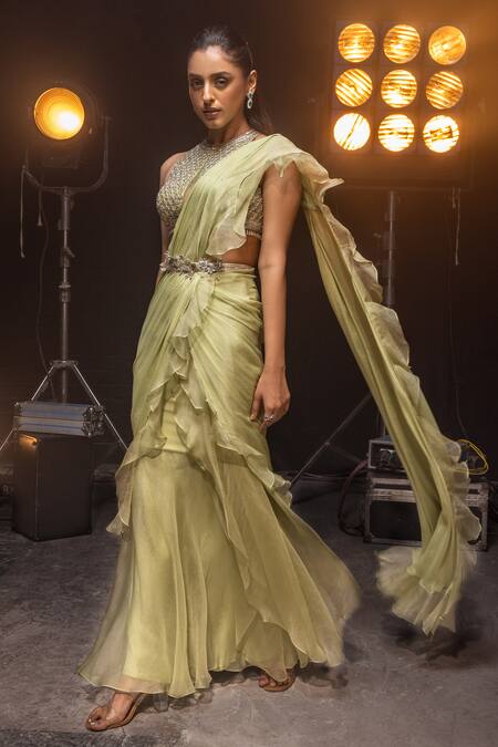 Kavita Arora_Green Pure Chiffon Hand Ruffle Pre-stitched Saree Set With Belt  _Online_at_Aza_Fashions
