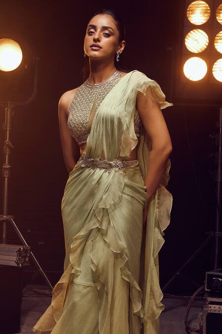 Buy_Kavita Arora_Green Pure Chiffon Hand Ruffle Pre-stitched Saree Set With Belt  _Online_at_Aza_Fashions
