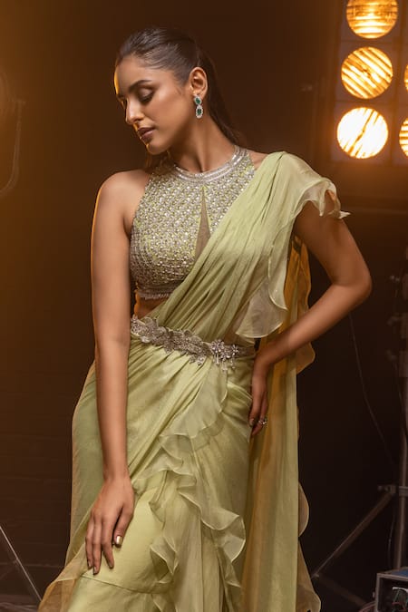 Shop_Kavita Arora_Green Pure Chiffon Hand Ruffle Pre-stitched Saree Set With Belt  _Online_at_Aza_Fashions