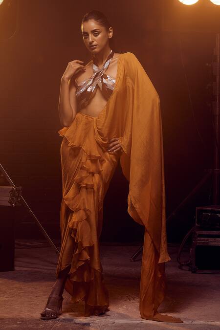 Kavita Arora_Orange Pure Chiffon Hand Pre-draped Ruffle Saree With Bustier  _Online_at_Aza_Fashions