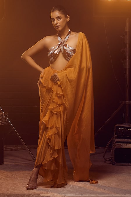 Buy_Kavita Arora_Orange Pure Chiffon Hand Pre-draped Ruffle Saree With Bustier  _Online_at_Aza_Fashions