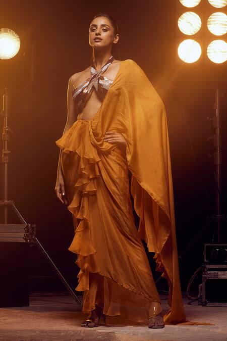 Shop_Kavita Arora_Orange Pure Chiffon Hand Pre-draped Ruffle Saree With Bustier  _Online_at_Aza_Fashions