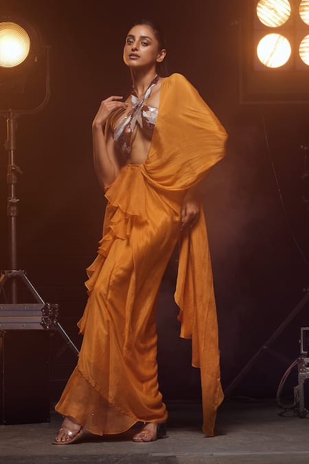Kavita Arora_Orange Pure Chiffon Hand Pre-draped Ruffle Saree With Bustier  _at_Aza_Fashions