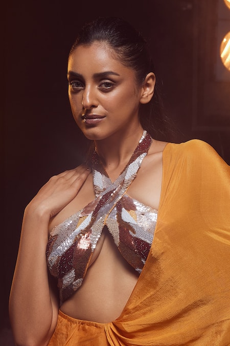 Buy_Kavita Arora_Orange Pure Chiffon Hand Pre-draped Ruffle Saree With Bustier  