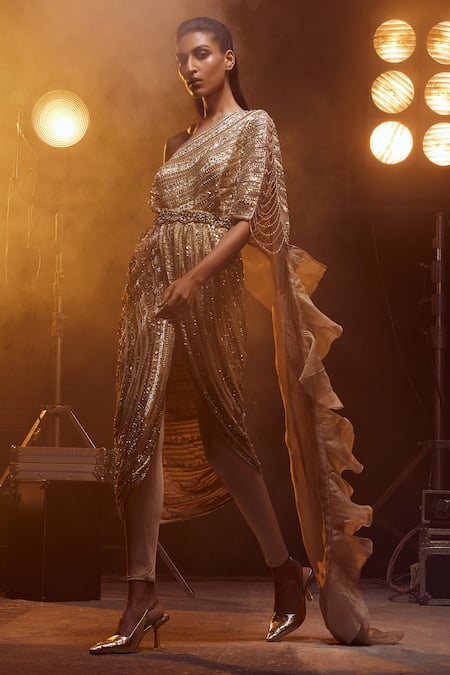 Shop_Kavita Arora_Ivory Organza Hand Embroidered Sequins One Shoulder Saree Gown With Pant _Online_at_Aza_Fashions