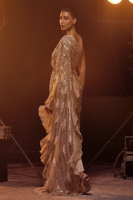 Kavita Arora Ivory Hand Embroidered Saree Gown With Pant 