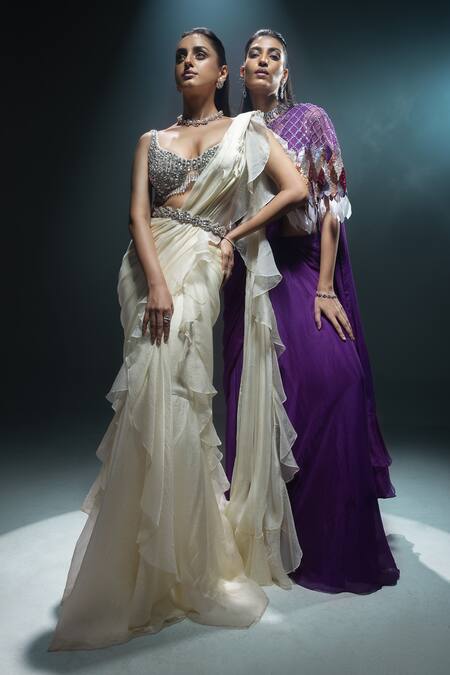 Buy_Kavita Arora_Purple Chiffon, Net Sequins Pre-draped Saree Set With Embroidered Cape _Online_at_Aza_Fashions