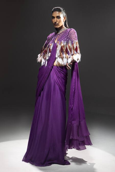 Shop_Kavita Arora_Purple Chiffon, Net Sequins Pre-draped Saree Set With Embroidered Cape _Online_at_Aza_Fashions