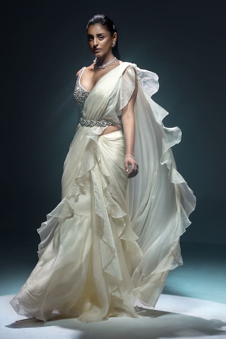Kavita Arora_Ivory Chiffon, Organza, Satin Pre-draped Ruffle Saree With Sequins Work Bustier _Online_at_Aza_Fashions