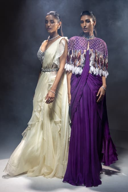 Buy_Kavita Arora_Ivory Chiffon, Organza, Satin Pre-draped Ruffle Saree With Sequins Work Bustier _Online_at_Aza_Fashions