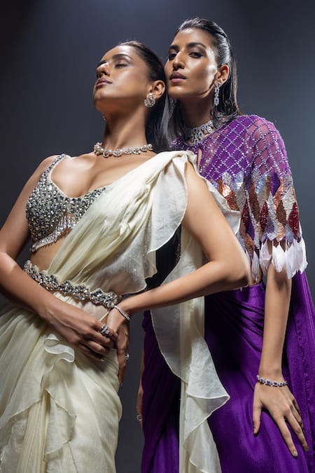 Shop_Kavita Arora_Ivory Chiffon, Organza, Satin Pre-draped Ruffle Saree With Sequins Work Bustier _Online_at_Aza_Fashions
