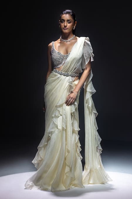 Kavita arora Ivory Pure Chiffon Pre-draped Ruffle Saree With Sequins Work Bustier 