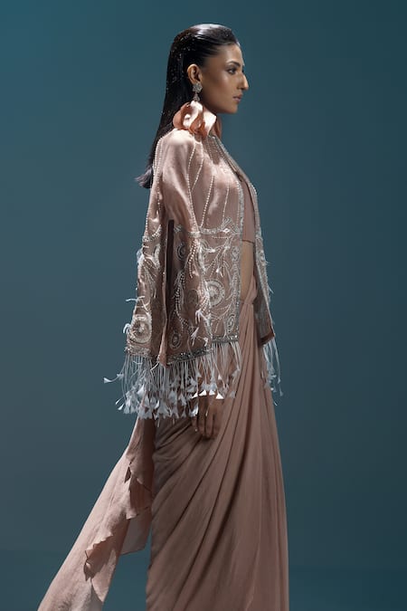 Kavita Arora Pink Net, Silk Organza, Satin, Pre-draped Saree Set With Hand Embroidered Cape Online at Aza Fashions Kavita Arora_Pink Net, Silk Organza, Satin, Pre-draped Saree Set With Hand Embroidered Cape _Online_at_Aza_Fashions
