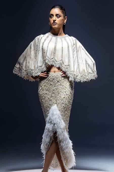 Buy_Kavita Arora_Ivory Pure Satin Organza Hand Embroidered Beads Cape Round Skirt Set  _Online_at_Aza_Fashions