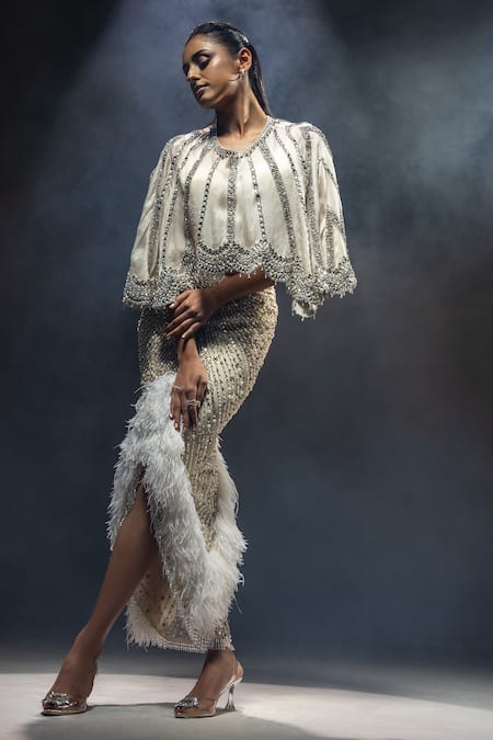 Kavita Arora_Ivory Pure Satin Organza Hand Embroidered Beads Cape Round Skirt Set  _at_Aza_Fashions