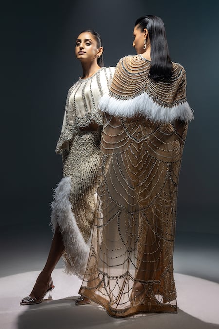 Kavita Arora_Beige Net Hand Embroidered Beads Cape Round Skirt Set With  _Online_at_Aza_Fashions