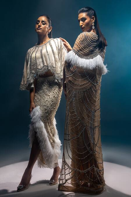 Buy_Kavita Arora_Beige Net Hand Embroidered Beads Cape Round Skirt Set With  _Online_at_Aza_Fashions