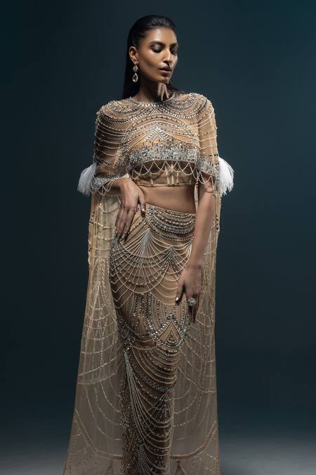 Shop_Kavita Arora_Beige Net Hand Embroidered Beads Cape Round Skirt Set With  _Online_at_Aza_Fashions