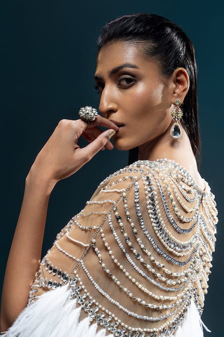 Kavita Arora_Beige Net Hand Embroidered Beads Cape Round Skirt Set With  _at_Aza_Fashions