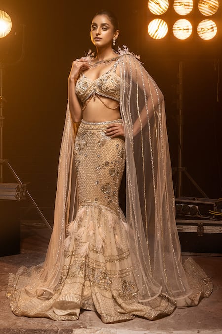 Kavita arora Cream Net Hand Embroidered Crystals Cape Round Lehenga Set  