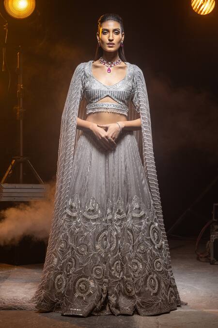 Buy_Kavita Arora_Silver Silk Organza, Satin, Net Sequins, Hand Embroidered Bridal Lehenga Set _Online_at_Aza_Fashions