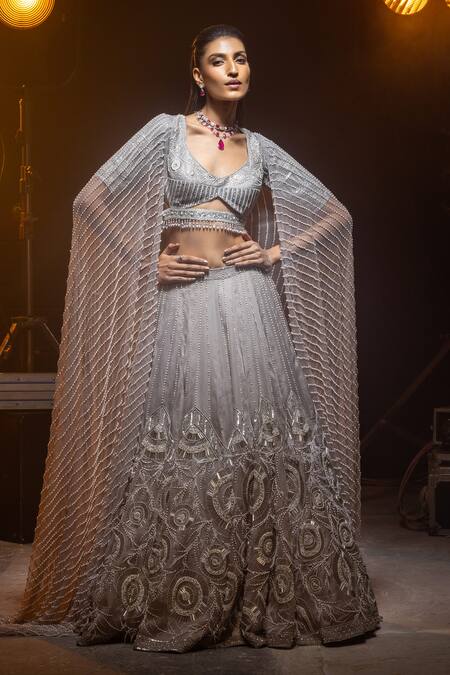 Shop_Kavita Arora_Silver Silk Organza, Satin, Net Sequins, Hand Embroidered Bridal Lehenga Set _Online_at_Aza_Fashions