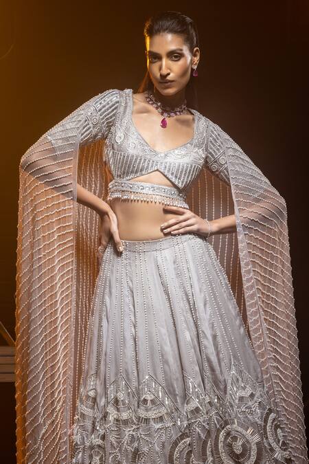 Kavita Arora_Silver Silk Organza, Satin, Net Sequins, Hand Embroidered Bridal Lehenga Set _at_Aza_Fashions