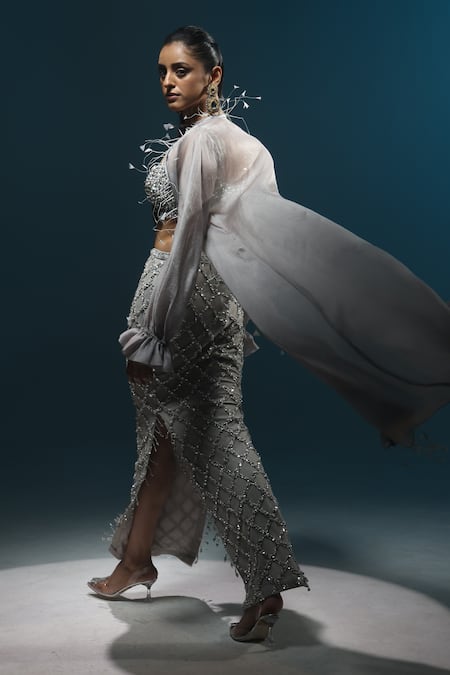 Buy_Kavita Arora_Grey Net Hand Embroidered Crystals Sweetheart Cape Skirt Set  _Online_at_Aza_Fashions