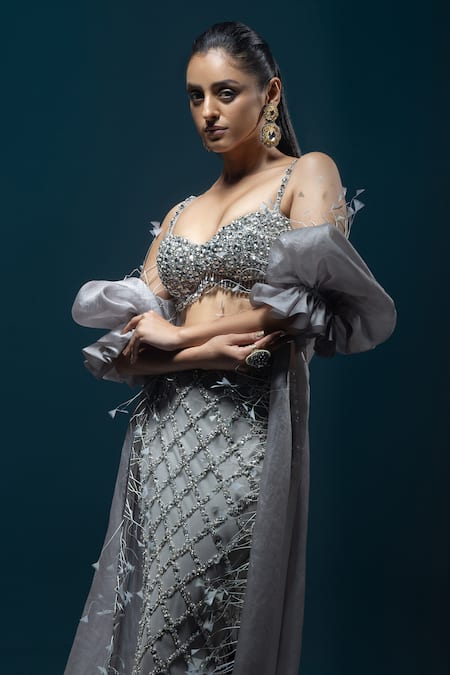 Kavita Arora Grey Net Hand Embroidered Crystals Sweetheart Cape Skirt Set at Aza Fashions Kavita Arora_Grey Net Hand Embroidered Crystals Sweetheart Cape Skirt Set _at_Aza_Fashions