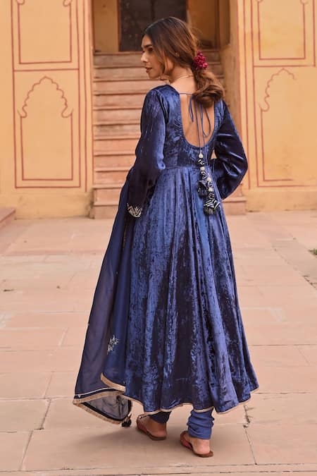 Shop Karaj Jaipur Blue Velvet, Chanderi, Organza Pearls, Sequins, Floret Aari Anarkali Set at Aza Fashions Shop_Karaj Jaipur_Blue Velvet, Chanderi, Organza Pearls, Sequins, Floret Aari Anarkali Set _at_Aza_Fashions