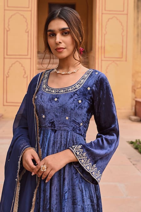 Shop Karaj Jaipur Blue Velvet, Chanderi, Organza Pearls, Sequins, Floret Aari Anarkali Set Online at Aza Fashions Shop_Karaj Jaipur_Blue Velvet, Chanderi, Organza Pearls, Sequins, Floret Aari Anarkali Set _Online_at_Aza_Fashions