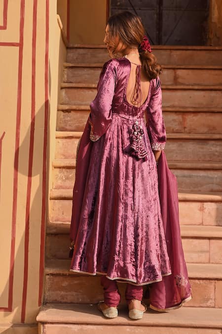 Shop Karaj Jaipur Wine Velvet, Chanderi, Organza Pearls, Floweria Aari Embroidered Anarkali Set at Aza Fashions Shop_Karaj Jaipur_Wine Velvet, Chanderi, Organza Pearls, Floweria Aari Embroidered Anarkali Set _at_Aza_Fashions