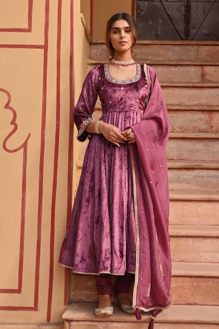 Karaj Jaipur Wine Velvet, Chanderi, Organza Pearls, Floweria Aari Embroidered Anarkali Set Online at Aza Fashions Karaj Jaipur_Wine Velvet, Chanderi, Organza Pearls, Floweria Aari Embroidered Anarkali Set _Online_at_Aza_Fashions