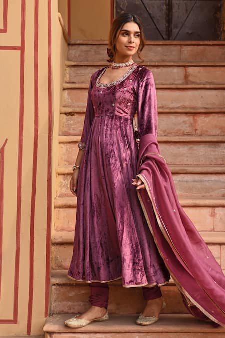 Buy Karaj Jaipur Wine Velvet, Chanderi, Organza Pearls, Floweria Aari Embroidered Anarkali Set Online at Aza Fashions Buy_Karaj Jaipur_Wine Velvet, Chanderi, Organza Pearls, Floweria Aari Embroidered Anarkali Set _Online_at_Aza_Fashions