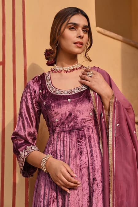 Shop Karaj Jaipur Wine Velvet, Chanderi, Organza Pearls, Floweria Aari Embroidered Anarkali Set Online at Aza Fashions Shop_Karaj Jaipur_Wine Velvet, Chanderi, Organza Pearls, Floweria Aari Embroidered Anarkali Set _Online_at_Aza_Fashions