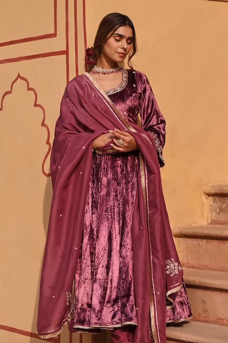 Karaj Jaipur Wine Velvet, Chanderi, Organza Pearls, Floweria Aari Embroidered Anarkali Set at Aza Fashions Karaj Jaipur_Wine Velvet, Chanderi, Organza Pearls, Floweria Aari Embroidered Anarkali Set _at_Aza_Fashions