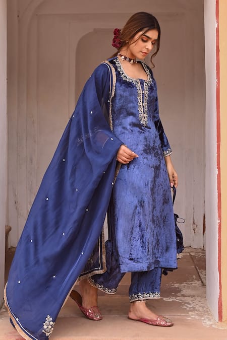 Buy Karaj Jaipur Blue Velvet, Organza Embroidery Round Neck Iris Fleur Kurta Pant Set Online at Aza Fashions Buy_Karaj Jaipur_Blue Velvet, Organza Embroidery Round Neck Iris Fleur Kurta Pant Set _Online_at_Aza_Fashions